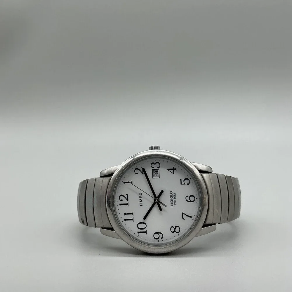 Timex Indiglo Mens Watch 35mm White Dial Silver Tone Stretch Date New Battery